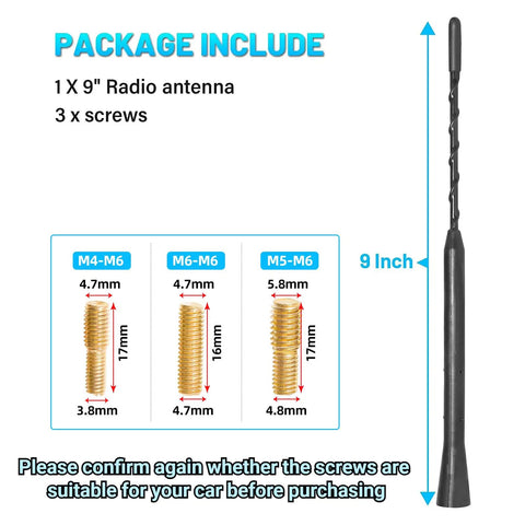 9 Inch Car Radio Antenna Mast For Ford Explorer Focus Ranger Lincoln MKT Mercury Milan Beefed Up Roof Mount Aerial With M4 M5 M6 Threaded Adapters For AM FM Signal Enhancements displayed with package contents and dimensions.
