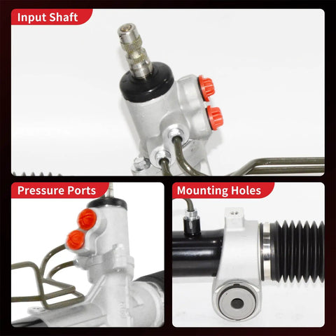 Close-up of Hydraulic Power Steering Rack And Pinion Assembly Fits Toyota Camry 2007 2011 Avalon 2005 2012 And Lexus ES350 2007 2012 Direct Fit New Unit Leak Resistant Left Hand Drive Only Plug And Play Ready To Install showing input shaft, pressure ports, and mounting holes.