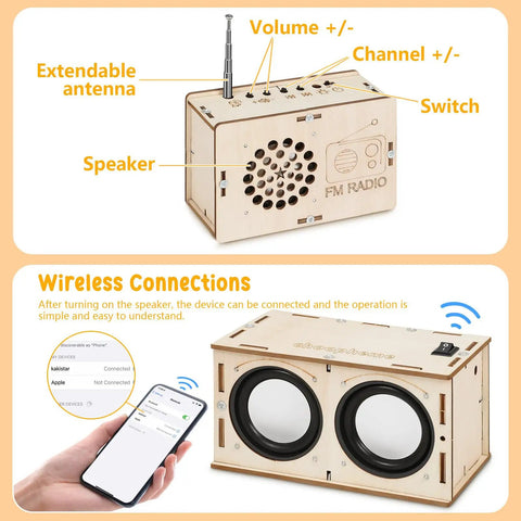 DIY Bluetooth Speaker And FM Radio Kit For Kids Aged 8 To 12 with wooden case, labeled FM radio components, and wireless phone connection.