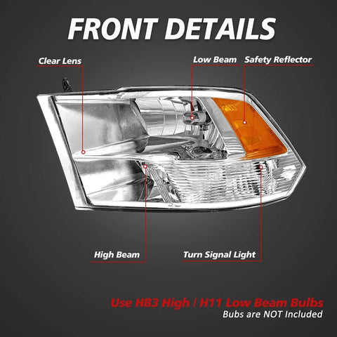 Front view of Dodge Ram Quad Hole Halogen Headlights Assembly with clear lens and safety reflector details.