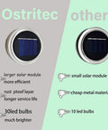 Comparison of Ostritec solar mason jar lid with larger module and 30 LED bulbs to a standard 10 LED model on a split background.