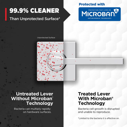 Chrome Interior Passage Door Lever Handle with Microban Technology and untreated surface comparison for hallways and closets.