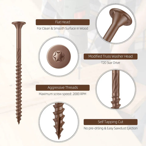 Top Shelf Hella Weather Resistant Deck Screws For Outdoor Construction Heavy Duty Star Drive Wood Screws With T25 Bit Included Rust Proof Brown Timber Fasteners Built For Landscaping Projects showing flat head and aggressive threads.