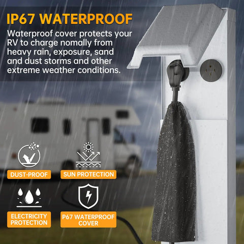 50 Amp RV Surge Protector With 6150 Joules, 3.8 Inch Display, Waterproof Cover, Anti Theft Cable Lock, UL Certified in rain
