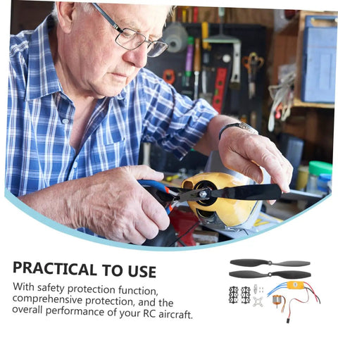 Person assembling propellers with Pro RC Hobbyist Gear Pack Electronic Speed Controller and tools for RC planes and quadcopters