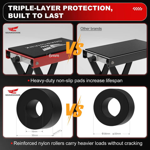 Soarshark 1100Lbs Aluminum Motorcycle Scissor Lift Jack With Reinforced Shaft Design comparison image showing heavy-duty design details.