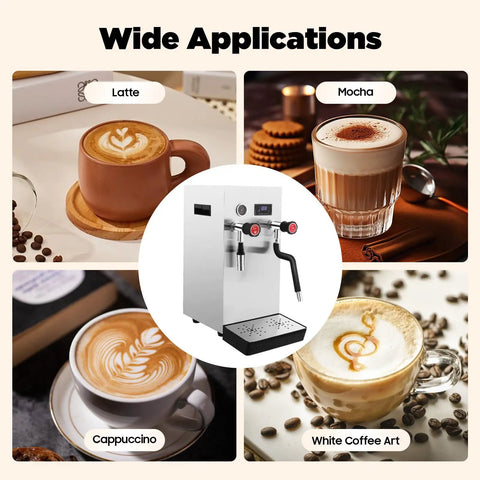 Straight Up Commercial Milk Frother And Automatic Steam Boiler With Led Digital Display 2.1 Gallon Dual Tank Espresso Maker with coffee beverages.