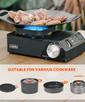 Grab And Go Portable Butane Camping Stove With Carrying Case Precise Heat Control shown with frying pan and cooked meat.