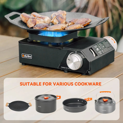 Grab And Go Portable Butane Camping Stove With Carrying Case Precise Heat Control shown with frying pan and cooked meat.