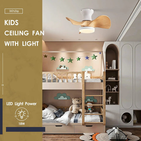 Compact 20 Inch Ceiling Fan With Light And Remote Whisper Quiet DC Motor Farmhouse Vibe shown in children's bedroom