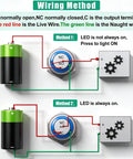 Wiring method illustration for 16mm Raised Speaker Horn Momentary Push Button Switch With 12V Blue LED Light, showing two connection methods.