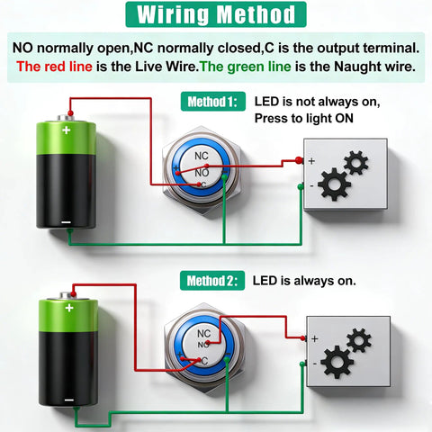 Wiring method illustration for 16mm Raised Speaker Horn Momentary Push Button Switch With 12V Blue LED Light, showing two connection methods.