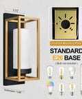 Dope Black And Gold Outdoor Wall Sconce Set Of 2, Modern Hardwired Exterior Lights with E26 base, dimensions and bulb types displayed