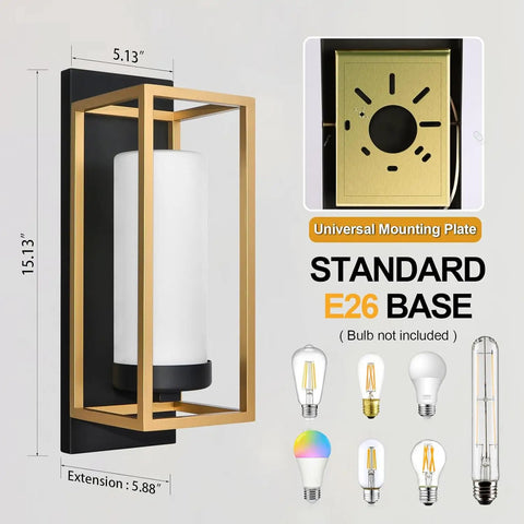 Dope Black And Gold Outdoor Wall Sconce Set Of 2, Modern Hardwired Exterior Lights with E26 base, dimensions and bulb types displayed