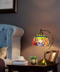 Rose Floral Stained Glass Table Lamp With Antique Brass Curved Base, Handmade Reading Lamp, LED Bulb Included on side table