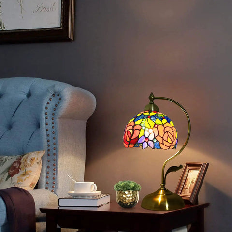 Rose Floral Stained Glass Table Lamp With Antique Brass Curved Base, Handmade Reading Lamp, LED Bulb Included on side table