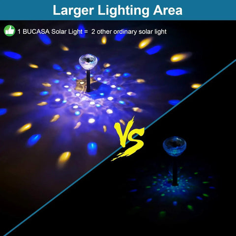 Comparison of Solar Pathway Lights Outdoor 4 Pack With Auto Color Changing Waterproof Super Bright LED Path Lights illuminating area.