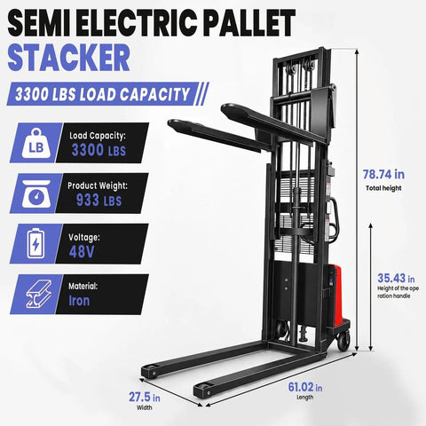 Heavy Duty 3300 Lbs Semi Electric Pallet Stacker with 1.6Kw Motor, 78.74 inch total height and 3300 lbs load capacity.