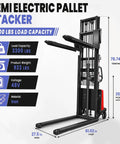 Heavy Duty Semi Electric Pallet Stacker Lift With Powerful 1.6KW Motor And Rock Solid 3300 Lbs Load Capacity, displaying dimensions and specifications.