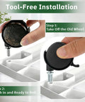 Quick Fix Snap Replace Casters For Sterilite 3 Drawer Cart showing tool-free installation steps of caster wheels on drawer cart.