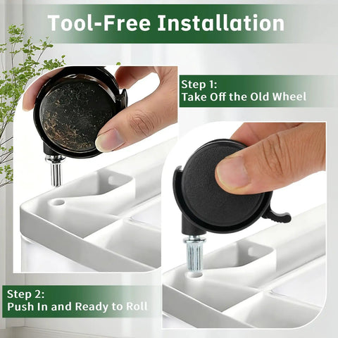 Quick Fix Snap Replace Casters For Sterilite 3 Drawer Cart showing tool-free installation steps of caster wheels on drawer cart.
