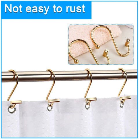 Decorative Brushed Gold Shower Curtain Hooks 12 Pack Rust Resistant Metal Hangers For Bathroom Easy Glide Rings with Classic T Shape Design