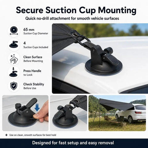 Close-up of secure suction cup on portable car side awning 210D Blackout Oxford Canopy Shelter quick suction cup setup.