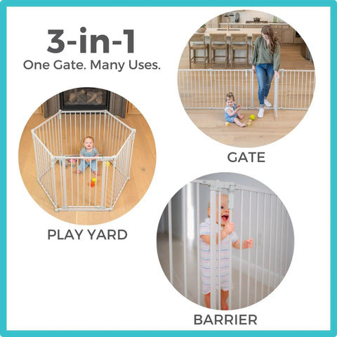 Three views of a 3-in-1 metal superyard in a taupe finish showcasing gate, play yard, and barrier modes with two panel extension.