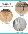 3 In 1 Metal Superyard Baby Play Yard With 6 Panel Playpen, Gate, And Extra Wide Fence For Toddlers, Encloses Up To 10 Sq Ft, Stands 30 Inches Tall, Taupe Safety Gate in use as gate, play yard, and barrier.