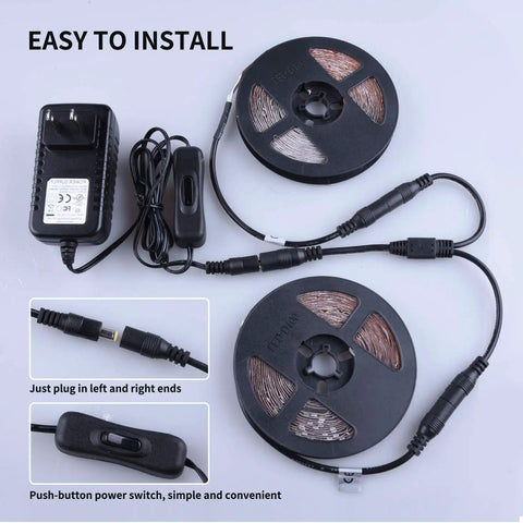40ft Flexible UV Black Light Strip With LED Kit showing power adapter, connectors, and black rolls for indoor use