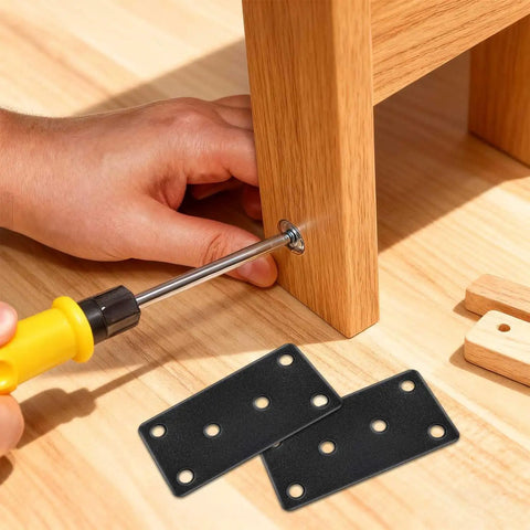 Heavy Duty Matte Black Stainless Steel Mending Plates 4 Pack With Screws during installation on wooden furniture.