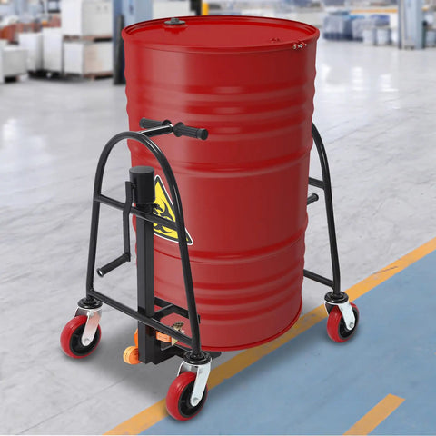 Pro Grade Heavy Duty Manual Furniture Movers With Sturdy Rolling Wheels 1300 Lb Load Capacity transporting a red barrel.