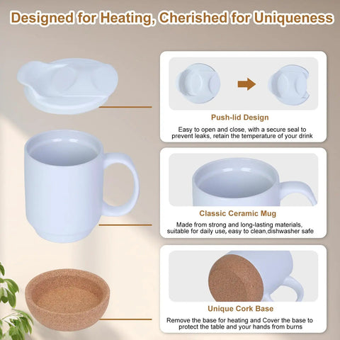 Electric Coffee Mug Warmer With 15 Oz Ceramic Cup And Removable Cork Base, Smart Desk Heater Auto Shut Off keeps your joe piping hot.