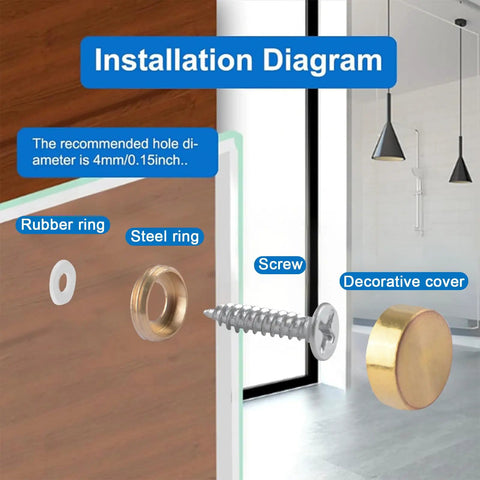 Installation diagram showing Top Shelf Real Deal Copper Mirror Screws, Brushed Gold Decorative Caps for Bathroom Mirrors and Glass Tables.