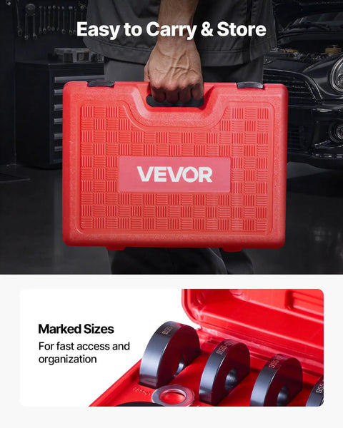 All-In-One Ball Joint Press And Bearing Driver Kit in red carrying case with marked sizes for fast access and organization.