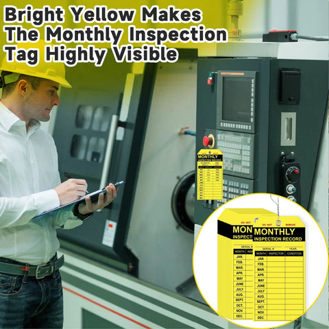 Person using clipboard near industrial machine with 50 Pack PVC Fire Extinguisher Monthly Inspection Tags visible in the background.
