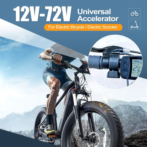 Close-up of 12V-72V thumb throttle on e-bike, featuring speed display and handlebar grip, ideal for 7 eighth inch throttle use.