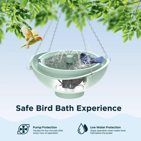 Solar Bird Bath Fountain With 3 Spray Modes And 2L Capacity, Hybrid Solar And Battery Powered Run Time, hanging with birds