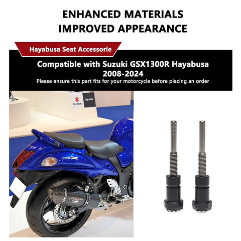 Front Mount Hayabusa Seat Screws and Bolts 2 Pack Black Screw Caps for Suzuki GSX1300R Hayabusa 2008 2024 displayed next to motorcycle