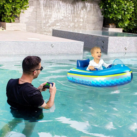 Child in Remote Control Baby Pool Float With Enclosed Propeller Guard, Motorized Toddler Boat For Ages 1 To 4, adult holding remote