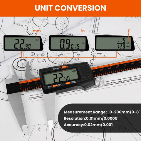 HARDELL digital caliper, 0-8 inch range; front view with stainless steel beam and large LCD display.