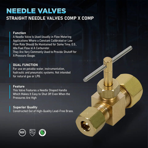 Brass lead-free 1/4-in compression straight needle valve with T-handle, front view