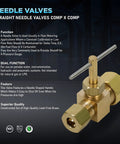 Front view of brass 3/8-inch compression straight needle valve with a T-handle