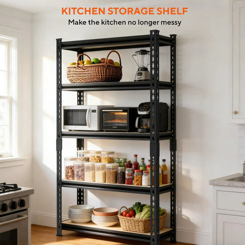 Rock Solid Heavy Duty Garage Shelving Rack Featuring Five Tough Adjustable Steel Shelves With Hella Heavy Load Rating For Total Storage Flexibility And Zero Hassle Organizing In Any Shed Barn Or Basement