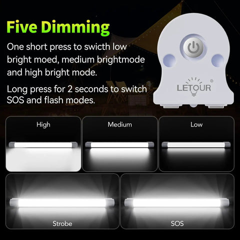 Five lighting modes of Magnetic LED Tube Work Light With 6000 Lumens And 10400mAh Battery, including high, medium, low, strobe, SOS.