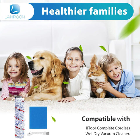 Image showing Three Pack Replacement Brush Rollers And Six Pack Pre Filter Foam For iFloor Complete Wet Dry Vacuum Cleaner Not Compatible With Other Models, family with pets.