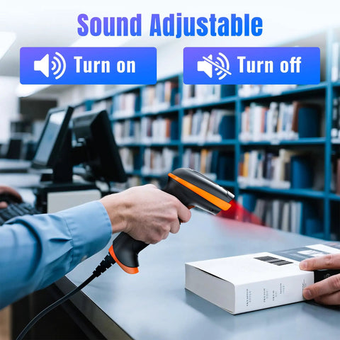 Pro USB 1D 2D QR Barcode Scanner With IP65 Dustproof Shockproof Waterproof Built Tough, Model D5100Y being used in a library