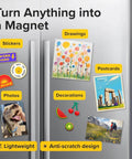 Refrigerator with decorations using Self-Stick Magnetic Sheets Pack Of 10 With No Mess Adhesive, 8x10 inches, for photos and crafts.