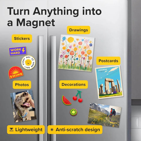 Refrigerator with decorations using Self-Stick Magnetic Sheets Pack Of 10 With No Mess Adhesive, 8x10 inches, for photos and crafts.