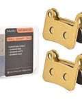 Heavy Duty Metal Disc Brake Pads For E Bikes And Electric Scooters in gold, steel back plate, pack of 2, compatible with Shimano models.